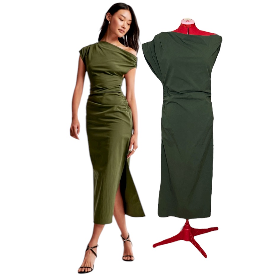 Abercrombie & Fitch Dark Green Off Shoulder Draped And Ruched Midi Dress Size Lp